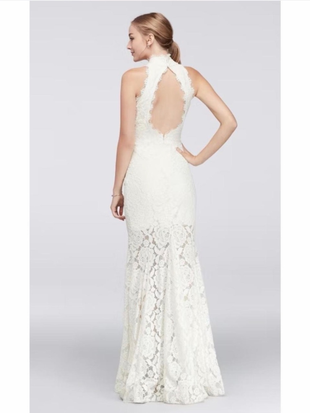 Betsy & Adam White High-Neck Lace Mermaid Wedding Dress - Picture 5 of 6